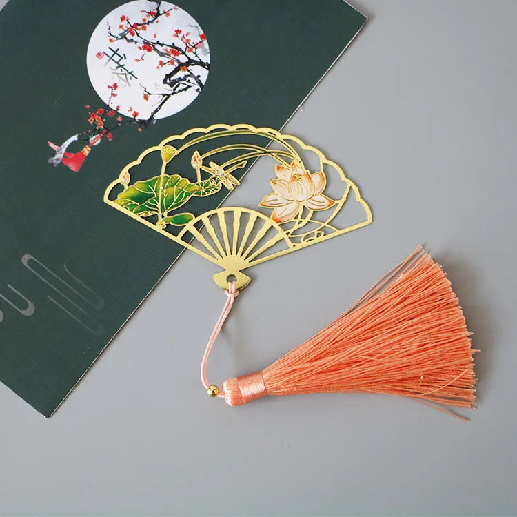 Elegant Chinese Style Metal Folding Fan Bookmark