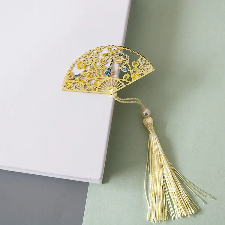 Elegant Chinese Style Metal Folding Fan Bookmark
